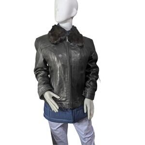 VTG Harold's Leather Jacket Removable Mink Collar Woman's Large Y2K Groovey-Core
